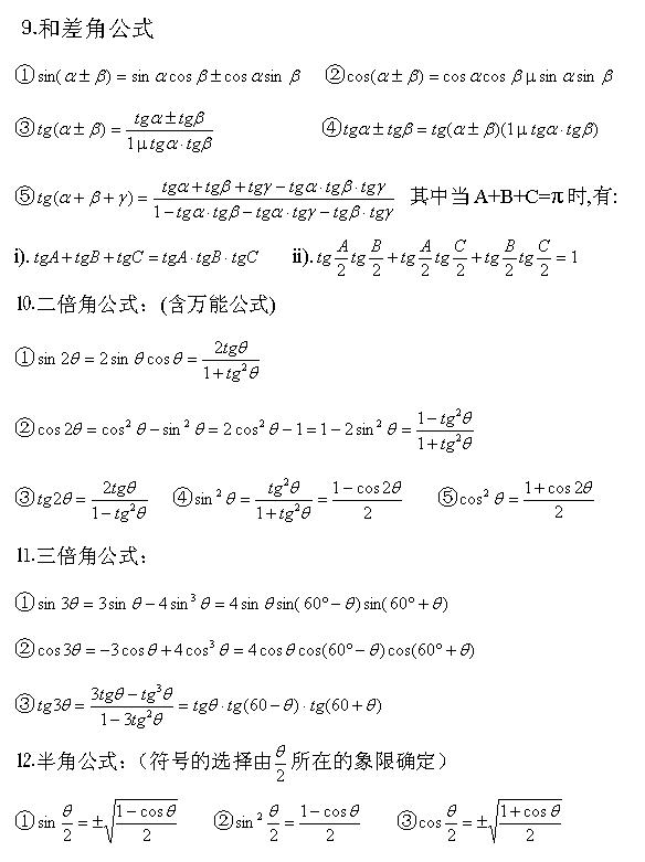 2022年上海成考高起点数学公式：三角公式总表