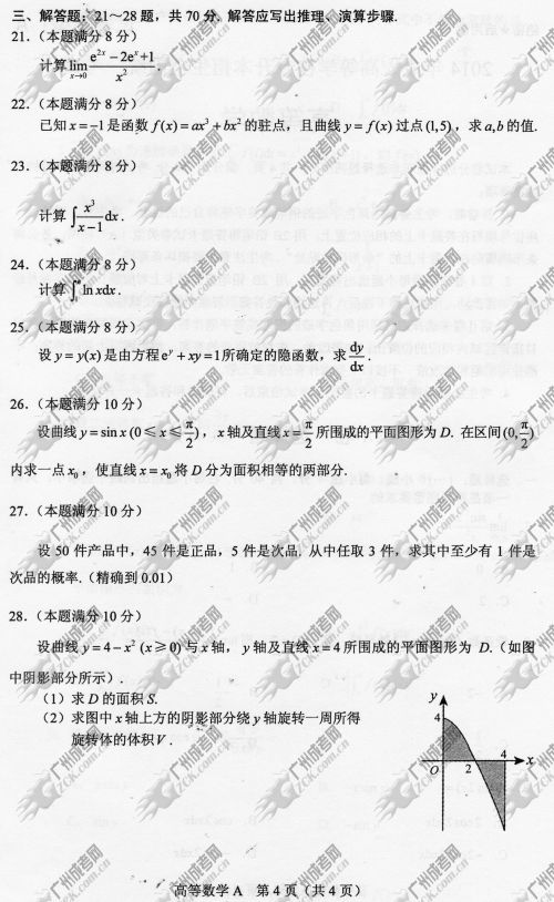 上海市成人高考2014年统一考试专升本高等数学真题A卷