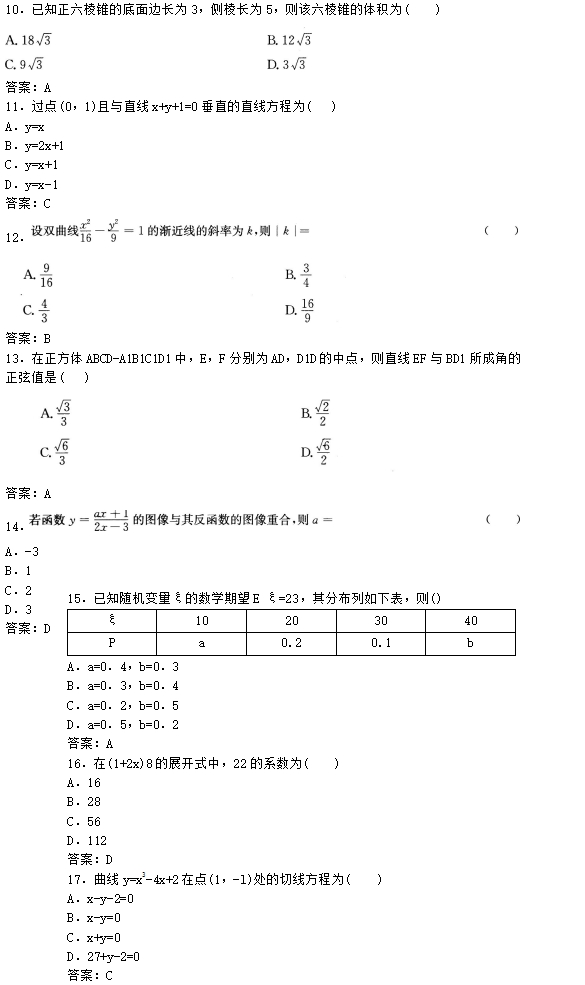 2016年成人高考高起点理工农医类数学考试真题及(图2)